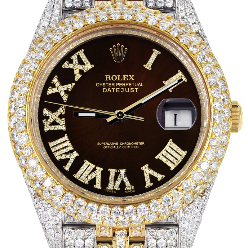 Womens Diamond Iced Out Rolex Datejust 41 | 25 Carats Of Diamonds | Custom Dark Chocolate Roman Numeral Diamond Dial | Two Tone | Two Row | Jubilee Band