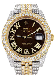 Womens Diamond Iced Out Rolex Datejust 41 | 25 Carats Of Diamonds | Custom Dark Chocolate Roman Numeral Diamond Dial | Two Tone | Two Row | Jubilee Band