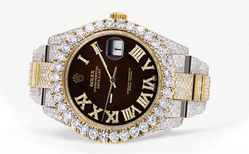 Diamond Iced Out Rolex Datejust 41 | 25 Carats Of Diamonds | Custom Dark Brown Roman Numeral Diamond Dial | Two Tone | Oyster Band