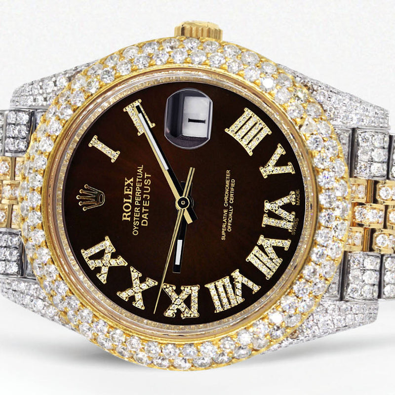 Womens Diamond Iced Out Rolex Datejust 41 | 25 Carats Of Diamonds | Custom Dark Chocolate Roman Numeral Diamond Dial | Two Tone | Two Row | Jubilee Band