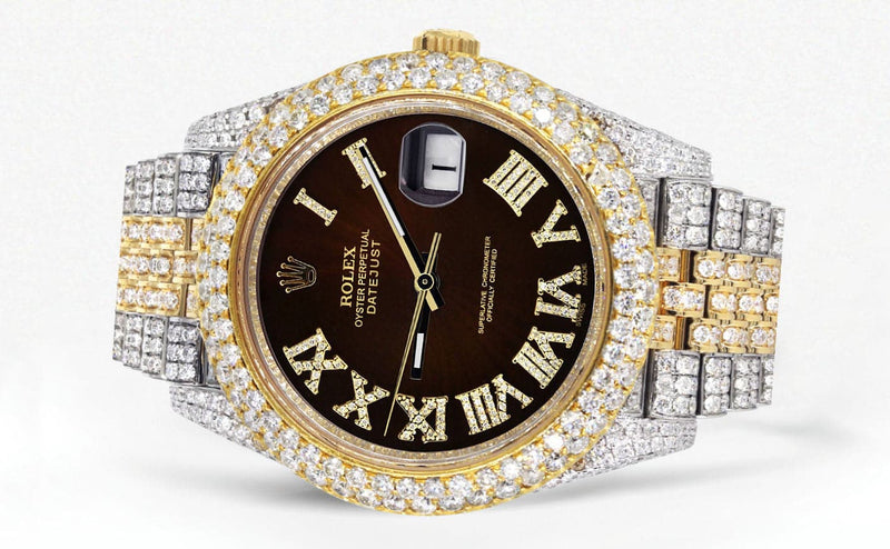 Diamond Iced Out Rolex Datejust 41 | 25 Carats Of Diamonds | Custom Dark Chocolate Roman Numeral Diamond Dial | Two Tone | Two Row | Jubilee Band