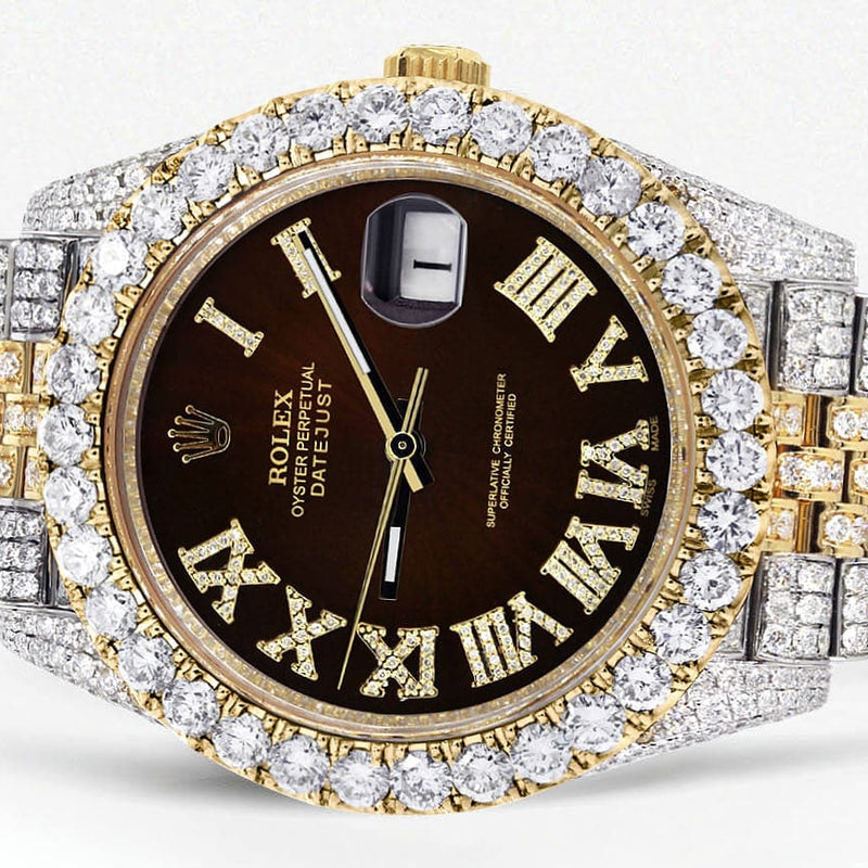 Diamond Iced Out Rolex Datejust 41 | 25 Carats Of Diamonds | Custom Dark Brown Roman Numeral Diamond Dial | Two Tone | Jubilee Band