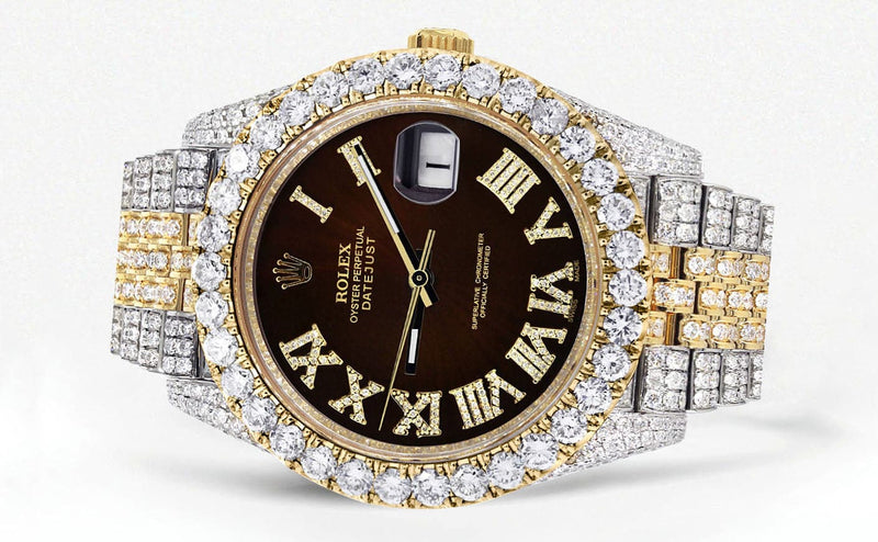 Diamond Iced Out Rolex Datejust 41 | 25 Carats Of Diamonds | Custom Dark Brown Roman Numeral Diamond Dial | Two Tone | Jubilee Band