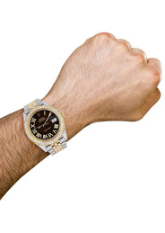 Diamond Iced Out Rolex Datejust 41 | 25 Carats Of Diamonds | Custom Dark Chocolate Roman Numeral Diamond Dial | Two Tone | Two Row | Jubilee Band