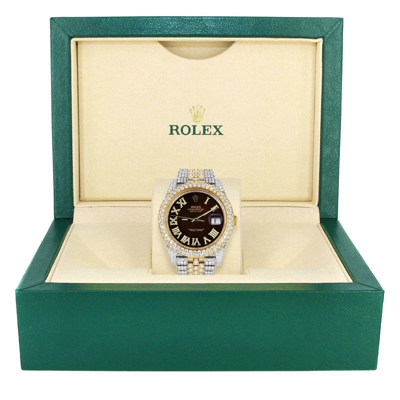 Womens Diamond Iced Out Rolex Datejust 41 | 25 Carats Of Diamonds | Custom Dark Chocolate Roman Numeral Diamond Dial | Two Tone | Two Row | Jubilee Band