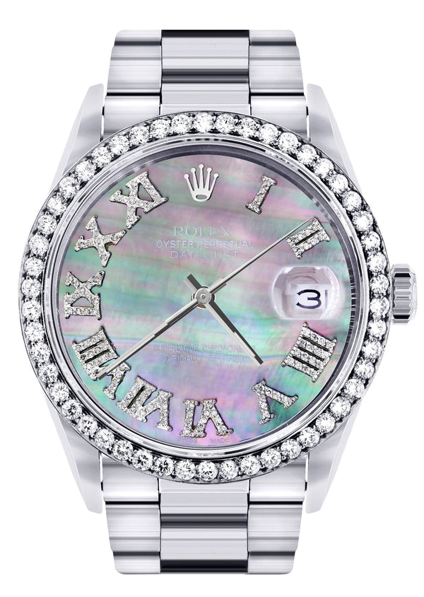 Diamond Mens Rolex Datejust Watch 16200 | 36Mm | Dark Mother Of Pearl Dial | Roman Numeral | Oyster Band