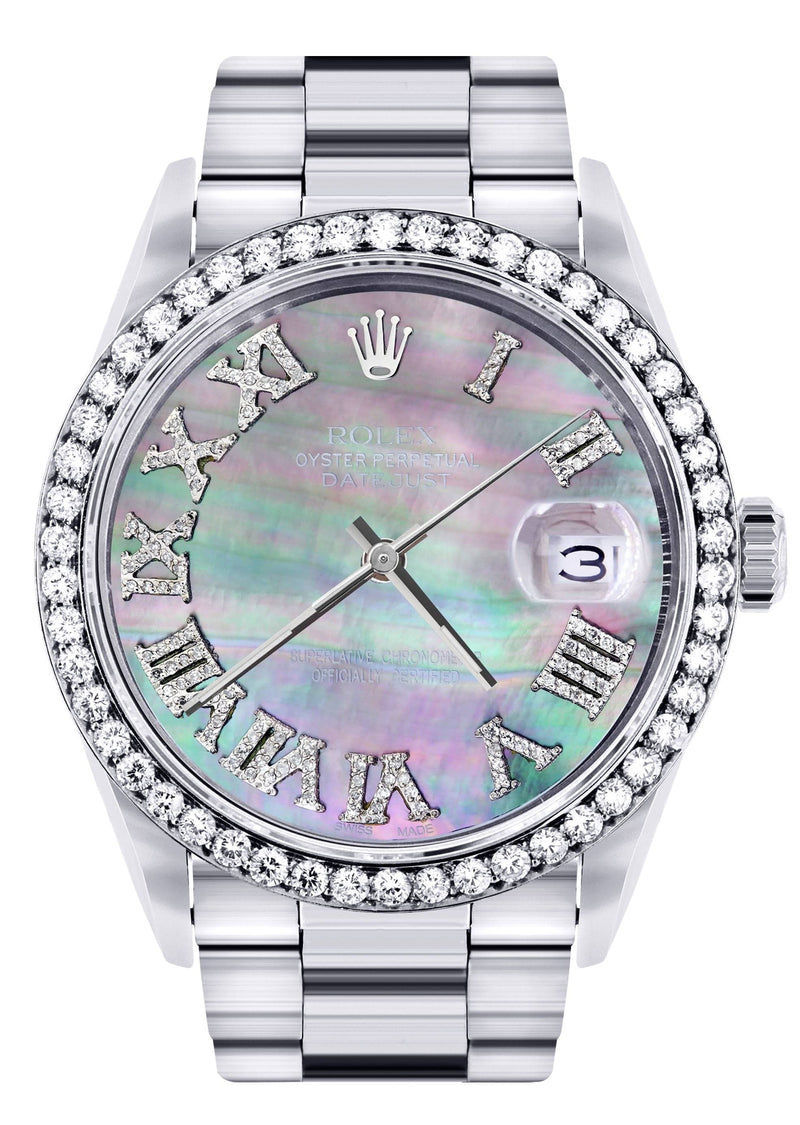 Diamond Mens Rolex Datejust Watch 16200 | 36Mm | Dark Mother Of Pearl Dial | Roman Numeral | Oyster Band