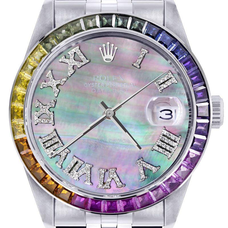 Diamond Gold Rolex Watch For Men 16200 | 36Mm | Rainbow Sapphire Bezel | Dark Mother Of Pearl Roman Numeral Dial | Jubilee Band