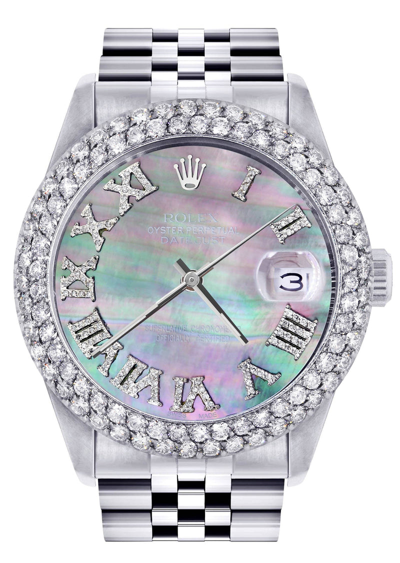 Mens Rolex Datejust Watch 16200 | 36Mm | Dark Mother of Pearl Roman Numeral Dial | Two Row 4.25 Carat Bezel | Jubilee Band