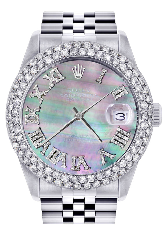 Mens Rolex Datejust Watch 16200 | 36Mm | Dark Mother of Pearl Roman Numeral Dial | Two Row 4.25 Carat Bezel | Jubilee Band