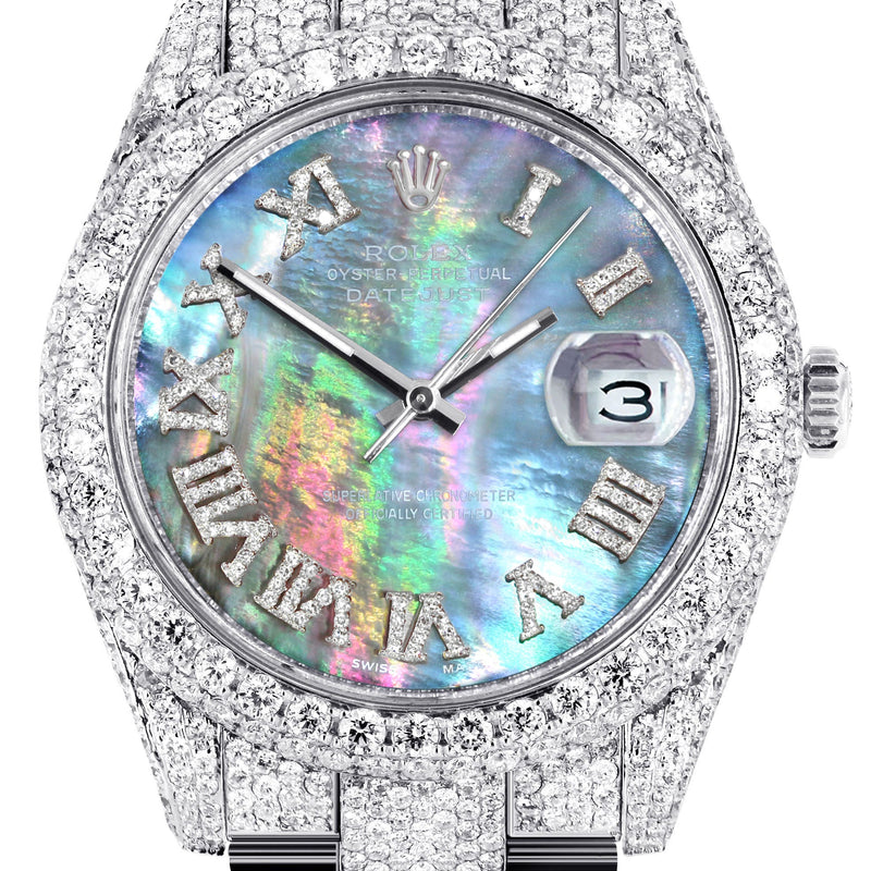 Womens Diamond Iced Out Rolex Datejust 41 | 25 Carats Of Diamonds | Abalone Mother of Pearl Dial | Two Row | Oyster Band