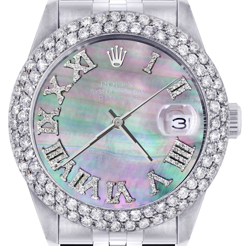 Womens Rolex Datejust Watch 16200 | 36Mm | Dark Mother of Pearl Roman Numeral Dial | Two Row 4.25 Carat Bezel | Jubilee Band
