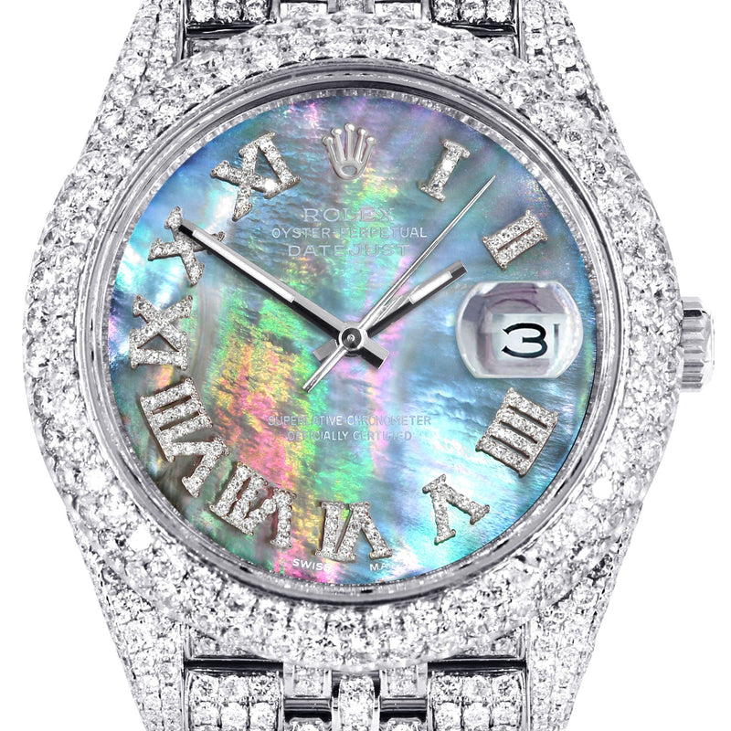 Womens Diamond Iced Out Rolex Datejust 41 | 25 Carats Of Diamonds | Abalone Mother Of Pearl Dial | Two Row | Jubilee Band