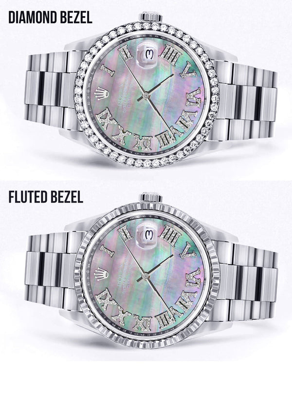 Diamond Mens Rolex Datejust Watch 16200 | 36Mm | Dark Mother Of Pearl Dial | Roman Numeral | Oyster Band