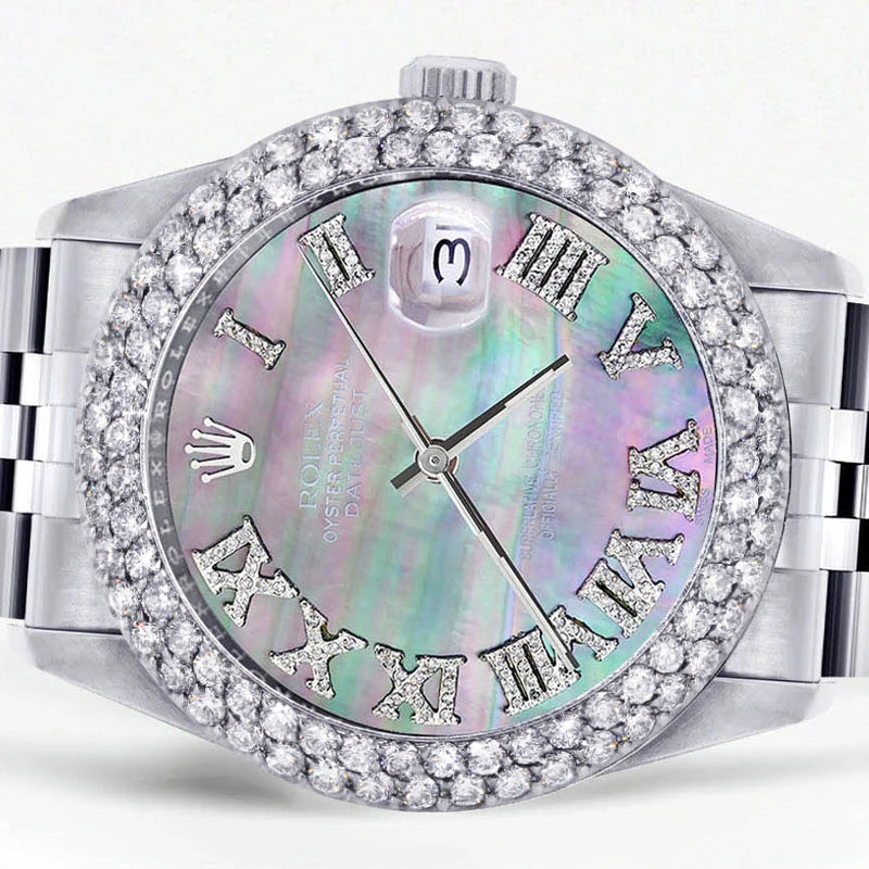 Mens Rolex Datejust Watch 16200 | 36Mm | Dark Mother of Pearl Roman Numeral Dial | Two Row 4.25 Carat Bezel | Jubilee Band