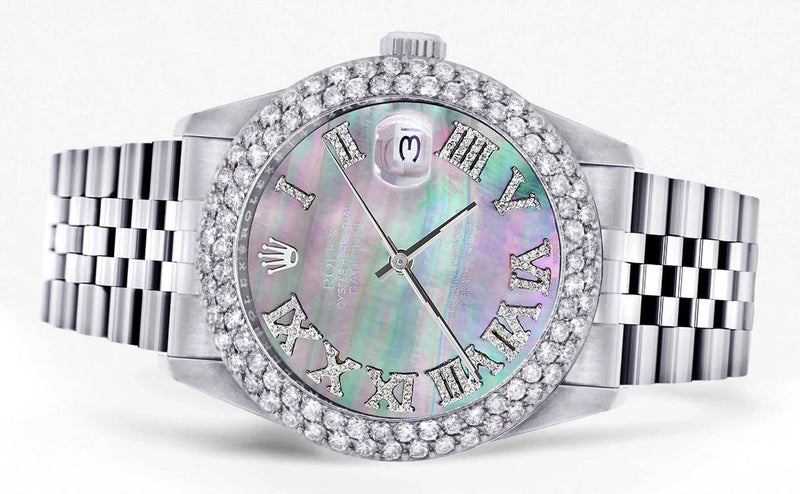 Mens Rolex Datejust Watch 16200 | 36Mm | Dark Mother of Pearl Roman Numeral Dial | Two Row 4.25 Carat Bezel | Jubilee Band