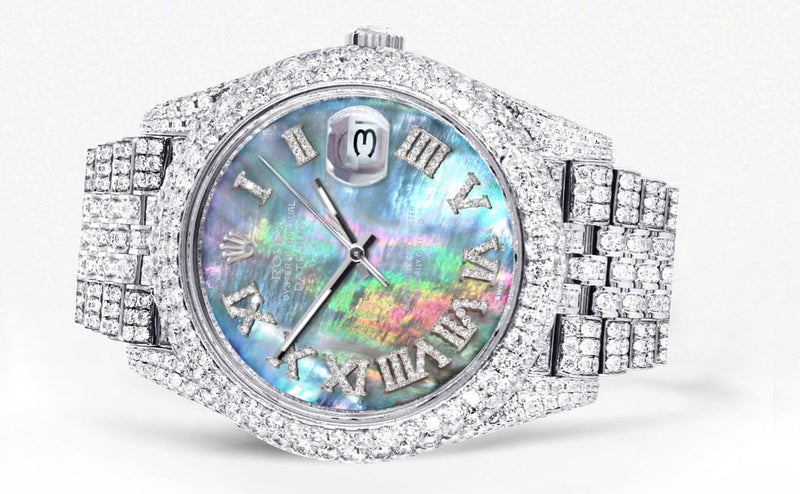 Womens Diamond Iced Out Rolex Datejust 41 | 25 Carats Of Diamonds | Abalone Mother Of Pearl Dial | Two Row | Jubilee Band