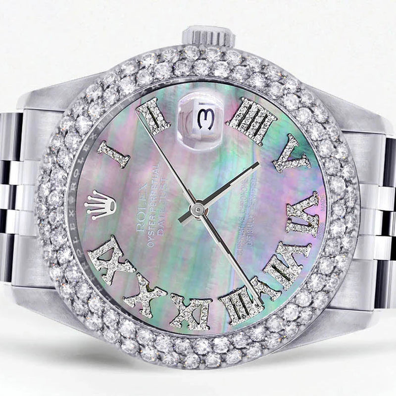 Womens Rolex Datejust Watch 16200 | 36Mm | Dark Mother of Pearl Roman Numeral Dial | Two Row 4.25 Carat Bezel | Jubilee Band