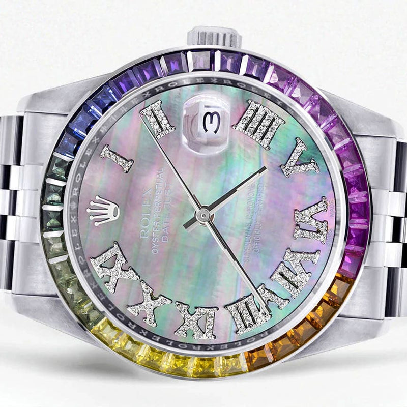 Diamond Gold Rolex Watch For Men 16200 | 36Mm | Rainbow Sapphire Bezel | Dark Mother Of Pearl Roman Numeral Dial | Jubilee Band
