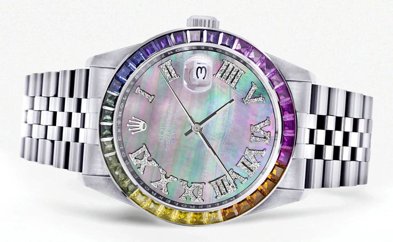 Diamond Gold Rolex Watch For Men 16200 | 36Mm | Rainbow Sapphire Bezel | Dark Mother Of Pearl Roman Numeral Dial | Jubilee Band