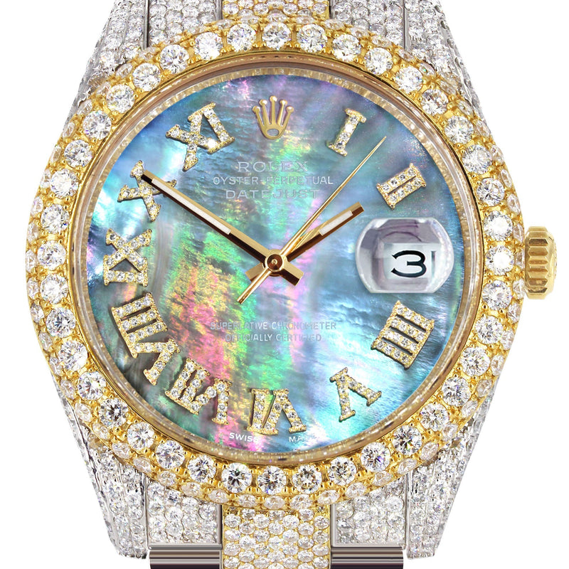 Womens Diamond Iced Out Rolex Datejust 41 | 25 Carats Of Diamonds | Abalone Mother Of Pearl Dial | Two Tone | Two Row | Oyster Band