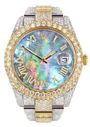 Womens Diamond Iced Out Rolex Datejust 41 | 25 Carats Of Diamonds | Abalone Mother Of Pearl Dial | Two Tone | Two Row | Oyster Band