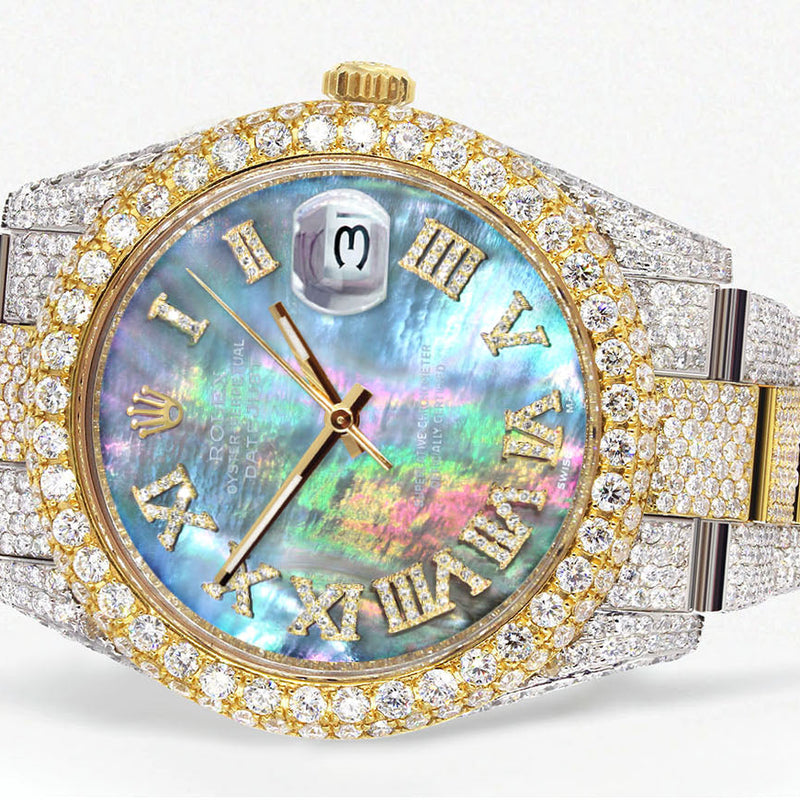 Womens Diamond Iced Out Rolex Datejust 41 | 25 Carats Of Diamonds | Abalone Mother Of Pearl Dial | Two Tone | Two Row | Oyster Band