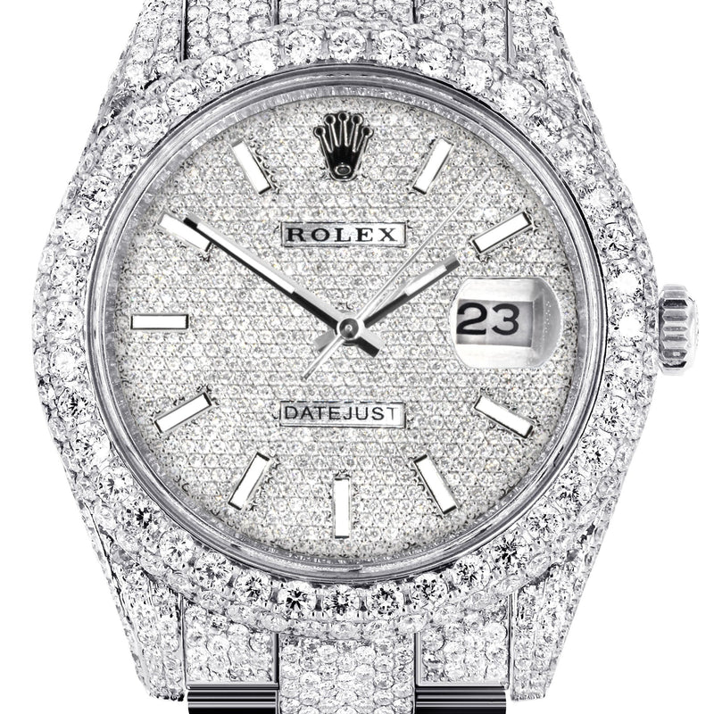 Womens Diamond Iced Out Rolex Datejust 41 | 25 Carats Of Diamonds | Custom Diamond Dial | Two Row | Oyster Band