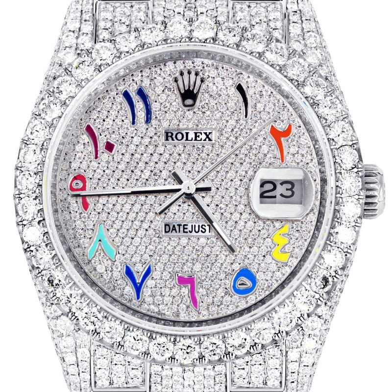 Iced Out Rolex Datejust 36 MM | Stainless Steel | 16.5 Carats of Diamonds | Full Diamond Color Arabic Diamond Dial | Oyster Band