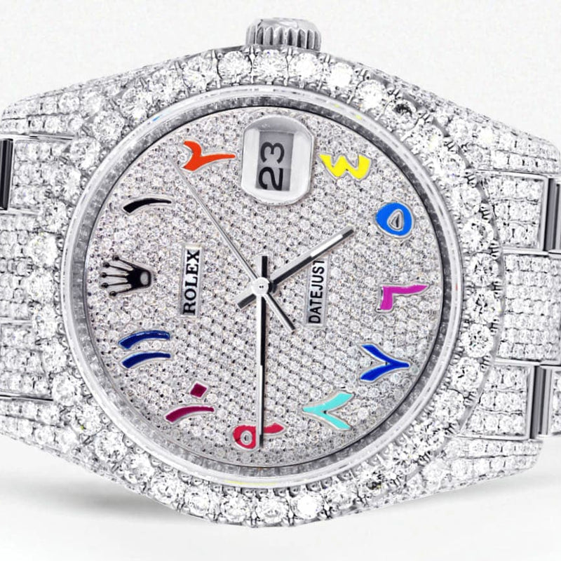 Iced Out Rolex Datejust 36 MM | Stainless Steel | 16.5 Carats of Diamonds | Full Diamond Color Arabic Diamond Dial | Oyster Band