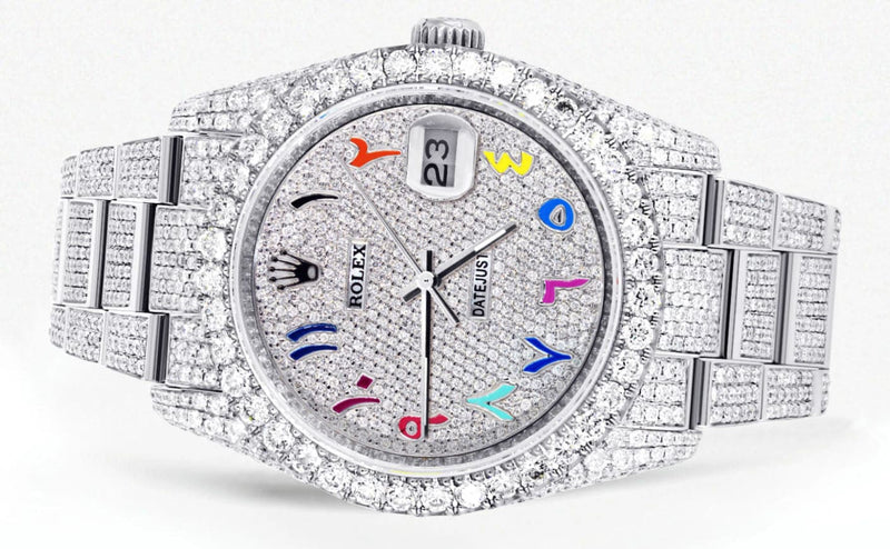 Iced Out Rolex Datejust 36 MM | Stainless Steel | 16.5 Carats of Diamonds | Full Diamond Color Arabic Diamond Dial | Oyster Band