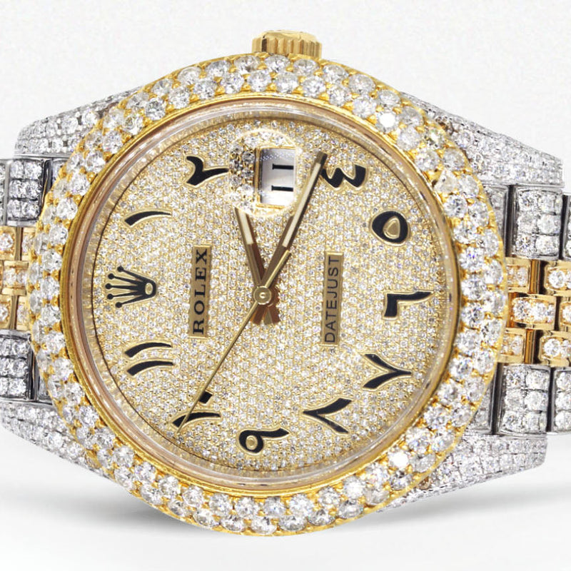 Womens Diamond Iced Out Rolex Datejust 41 | 25 Carats Of Diamonds | Custom Gold Arabic Numeral Diamond Dial | Two Tone | Two Row | Jubilee Band