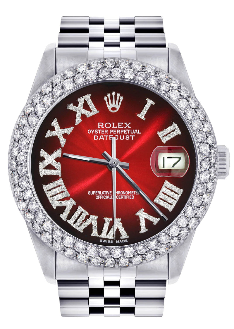 Mens Rolex Datejust Watch 16200 | 36Mm | Red Black Roman Numeral Dial | Two Row 4.25 Carat Bezel | Jubilee Band