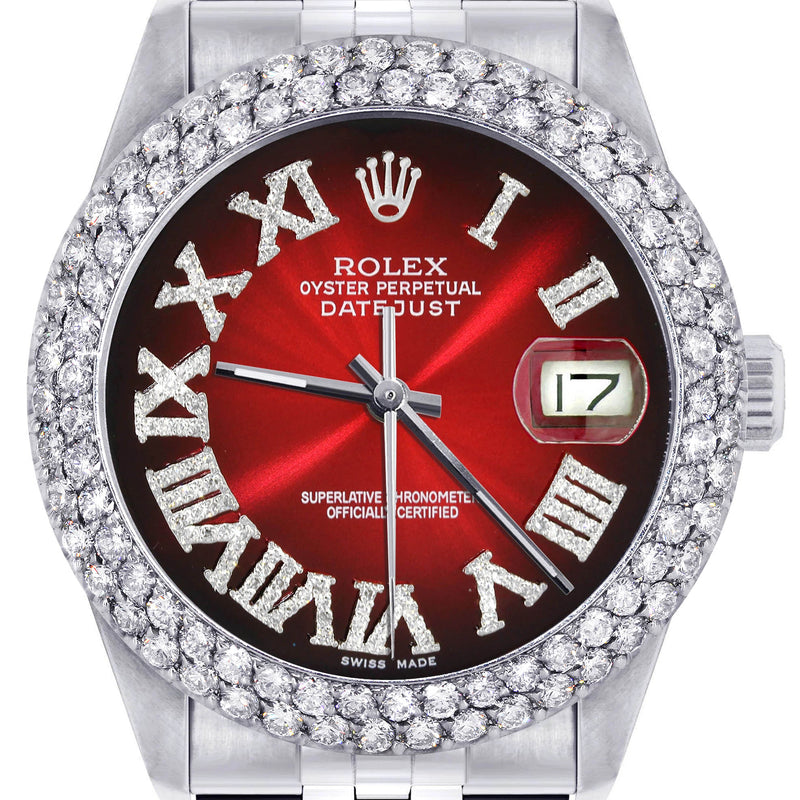 Womens Rolex Datejust Watch 16200 | 36Mm | Red Black Roman Numeral Dial | Two Row 4.25 Carat Bezel | Jubilee Band