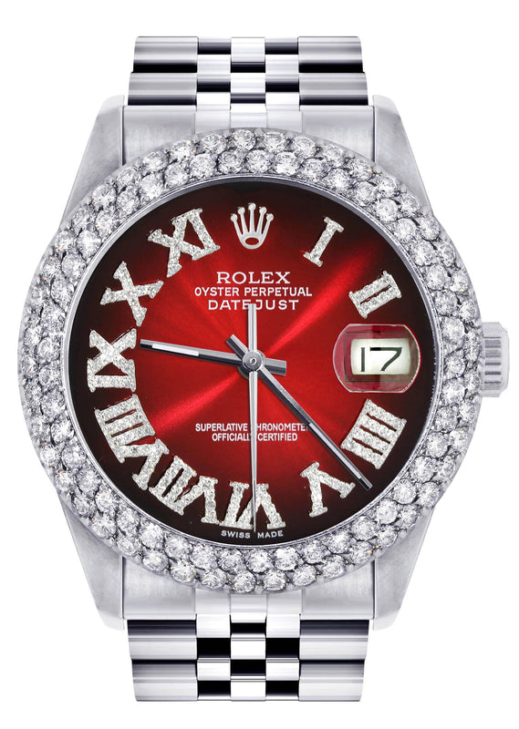 Mens Rolex Datejust Watch 16200 | 36Mm | Red Black Roman Numeral Dial | Two Row 4.25 Carat Bezel | Jubilee Band