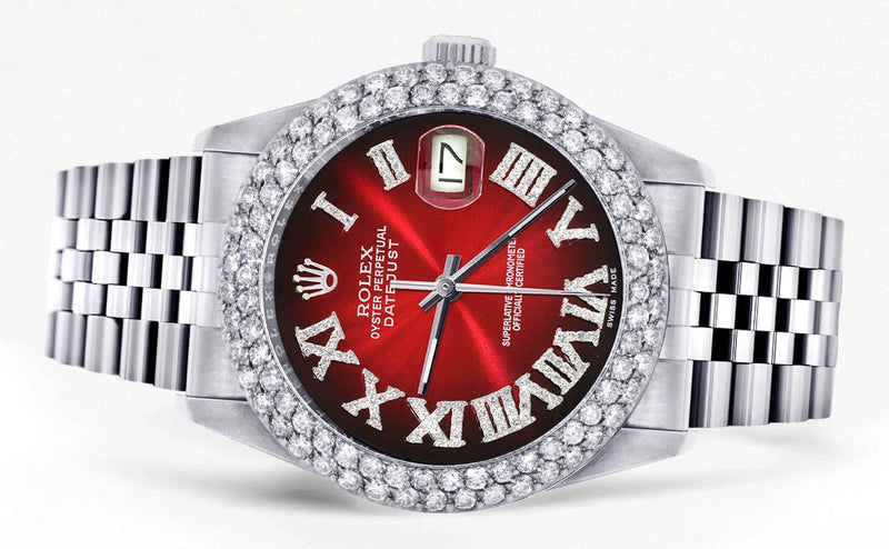 Mens Rolex Datejust Watch 16200 | 36Mm | Red Black Roman Numeral Dial | Two Row 4.25 Carat Bezel | Jubilee Band