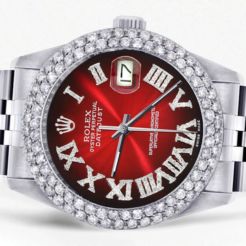 Womens Rolex Datejust Watch 16200 | 36Mm | Red Black Roman Numeral Dial | Two Row 4.25 Carat Bezel | Jubilee Band