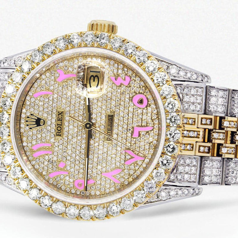 Iced Out Rolex Datejust 36 MM | Two Tone | 10 Carats of Diamonds | Full Diamond Pink Arabic Dial