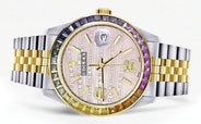 Diamond Gold Rolex Watch For Men 16233 | 36Mm | Rainbow Sapphire Bezel | Diamond Pink Texture Dial | Jubilee Band