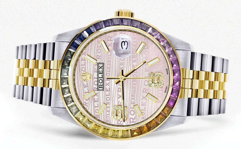 Diamond Gold Rolex Watch For Men 16233 | 36Mm | Rainbow Sapphire Bezel | Diamond Pink Texture Dial | Jubilee Band