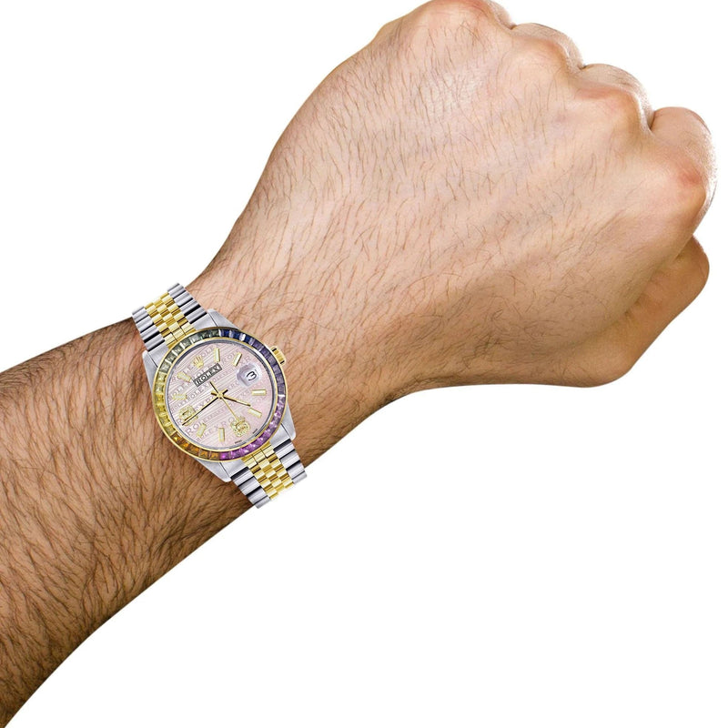 Diamond Gold Rolex Watch For Men 16233 | 36Mm | Rainbow Sapphire Bezel | Diamond Pink Texture Dial | Jubilee Band
