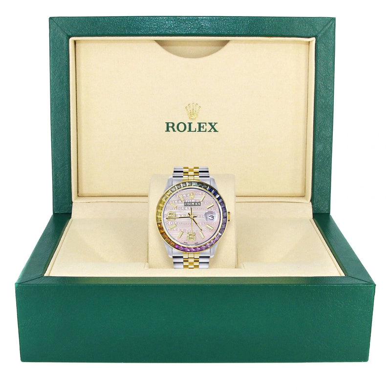 Diamond Gold Rolex Watch For Men 16233 | 36Mm | Rainbow Sapphire Bezel | Diamond Pink Texture Dial | Jubilee Band