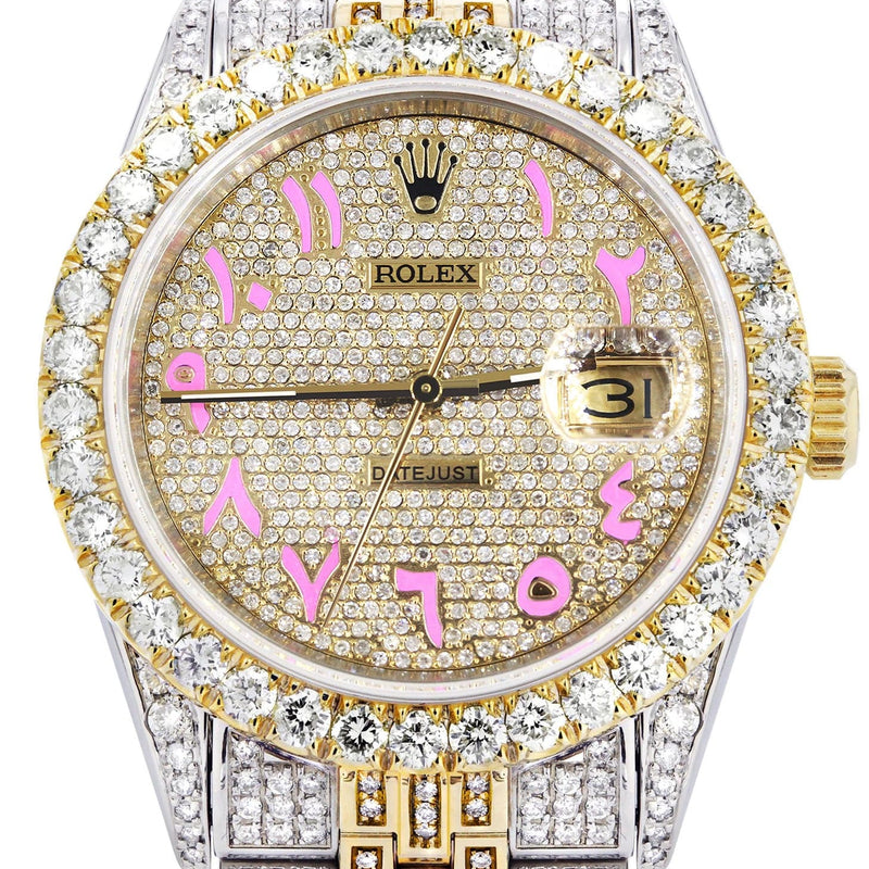 Iced Out Rolex Datejust 36 MM | Two Tone | 10 Carats of Diamonds | Full Diamond Pink Arabic Dial