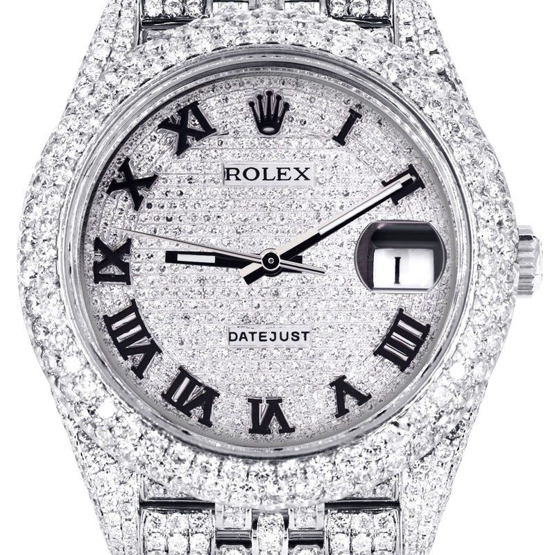 Womens Diamond Iced Out Rolex Datejust 41 | 25 Carats Of Diamonds | Custom Roman Numeral Diamond Dial | Two Row | Jubilee Band