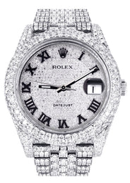 Womens Diamond Iced Out Rolex Datejust 41 | 25 Carats Of Diamonds | Custom Roman Numeral Diamond Dial | Two Row | Jubilee Band