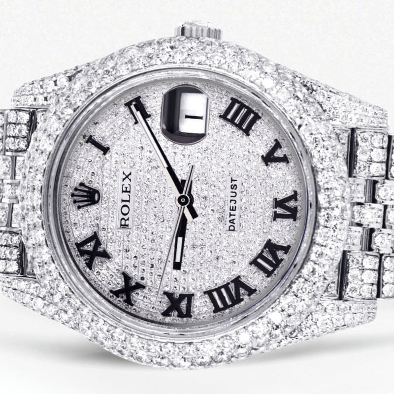 Womens Diamond Iced Out Rolex Datejust 41 | 25 Carats Of Diamonds | Custom Roman Numeral Diamond Dial | Two Row | Jubilee Band