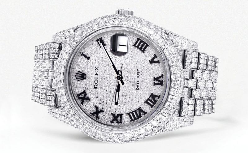 Womens Diamond Iced Out Rolex Datejust 41 | 25 Carats Of Diamonds | Custom Roman Numeral Diamond Dial | Two Row | Jubilee Band
