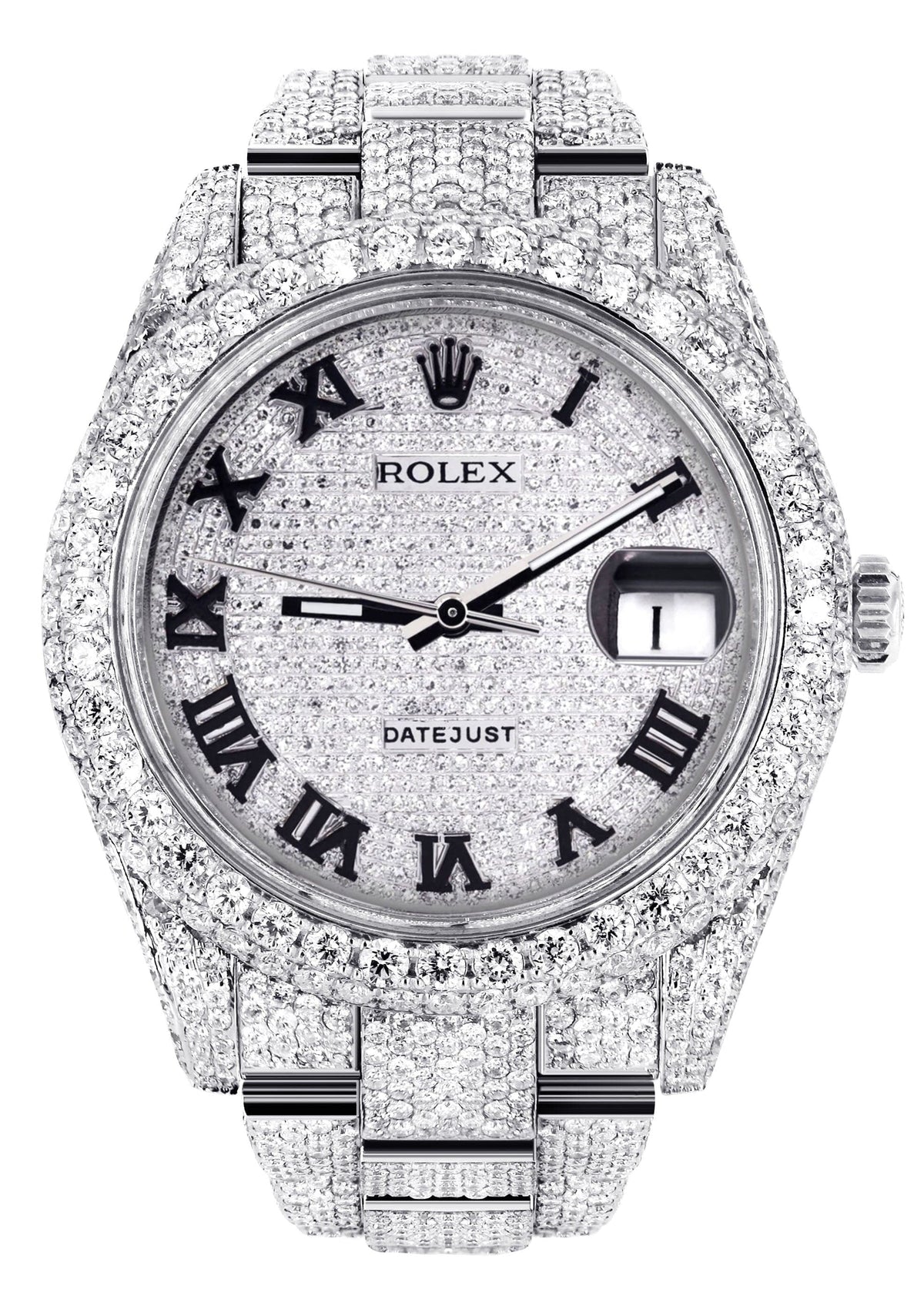 Diamond Iced Out Rolex Datejust 41 | 25 Carats Of Diamonds | Custom Roman Numeral Diamond Dial | Two Row | Oyster Band