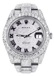Diamond Iced Out Rolex Datejust 41 | 25 Carats Of Diamonds | Custom Roman Numeral Diamond Dial | Two Row | Oyster Band