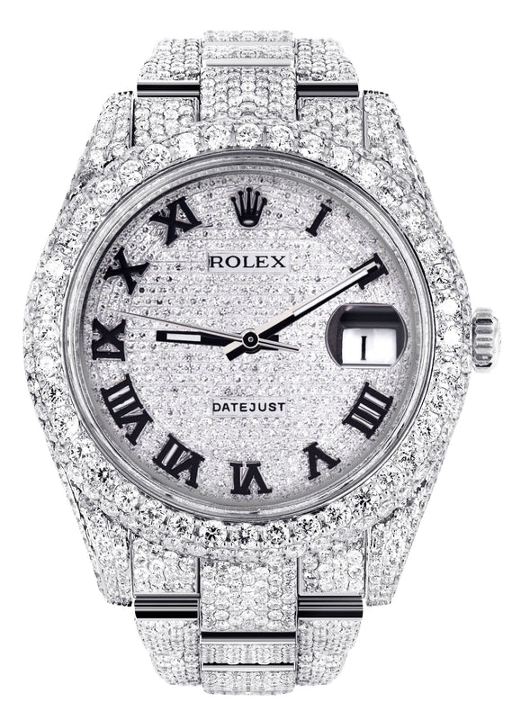 Diamond Iced Out Rolex Datejust 41 | 25 Carats Of Diamonds | Custom Roman Numeral Diamond Dial | Two Row | Oyster Band